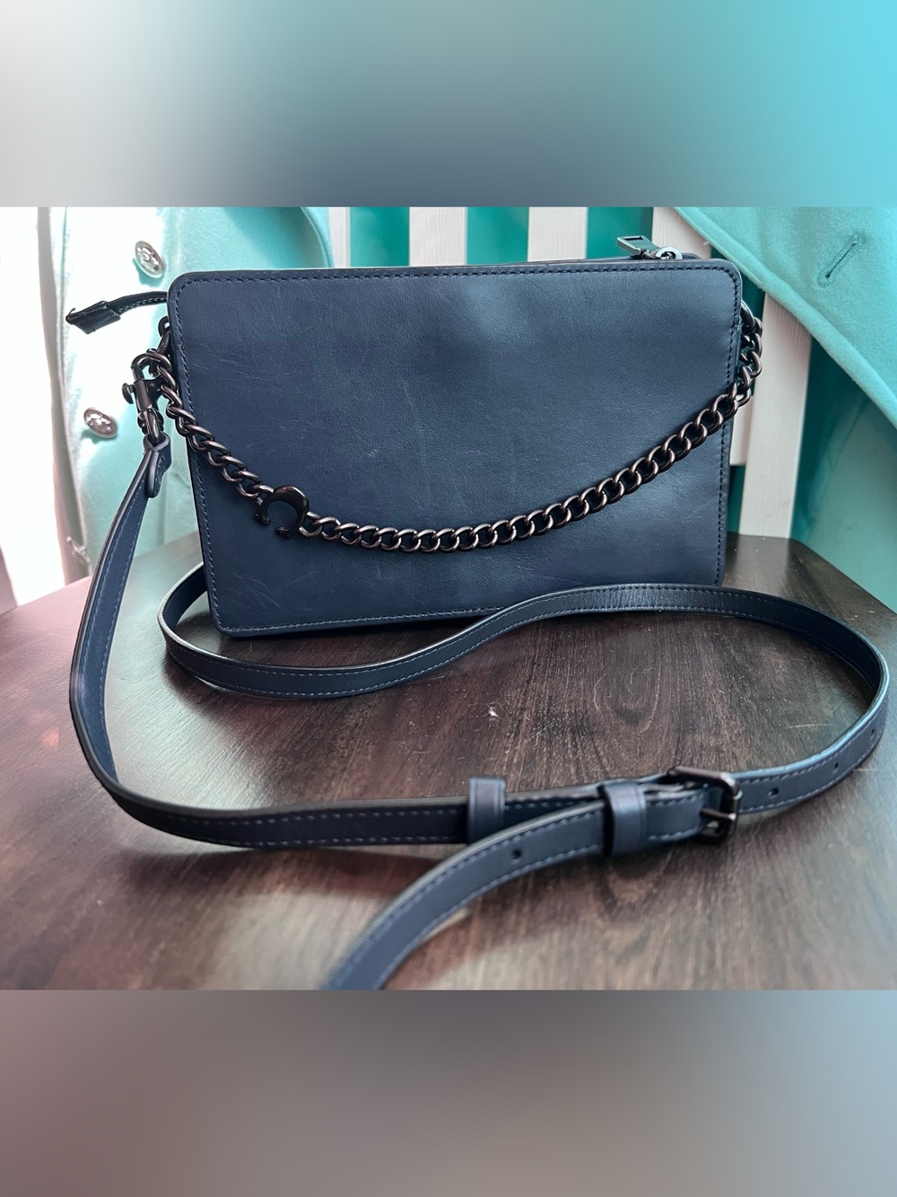 Coach Navy Blue Leather Crossbody Bag Gunmetal Hardware Chain